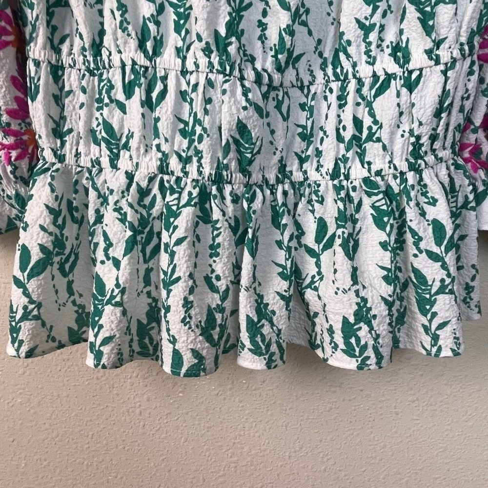 THML Women's‎ White Green Floral Embroidered Square Neck Fairy Boho Peplum Top M - Picture 7 of 10